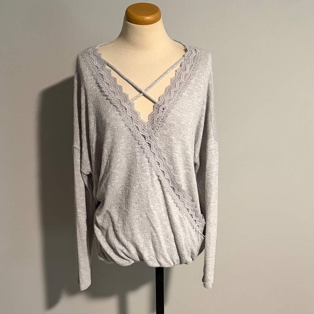 Gray crochet trim wrap top